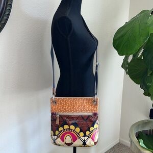 Fossil Vintage Key-Per Crossbody Hobo Canvas Bag Paisley Design Orange Hot Pink